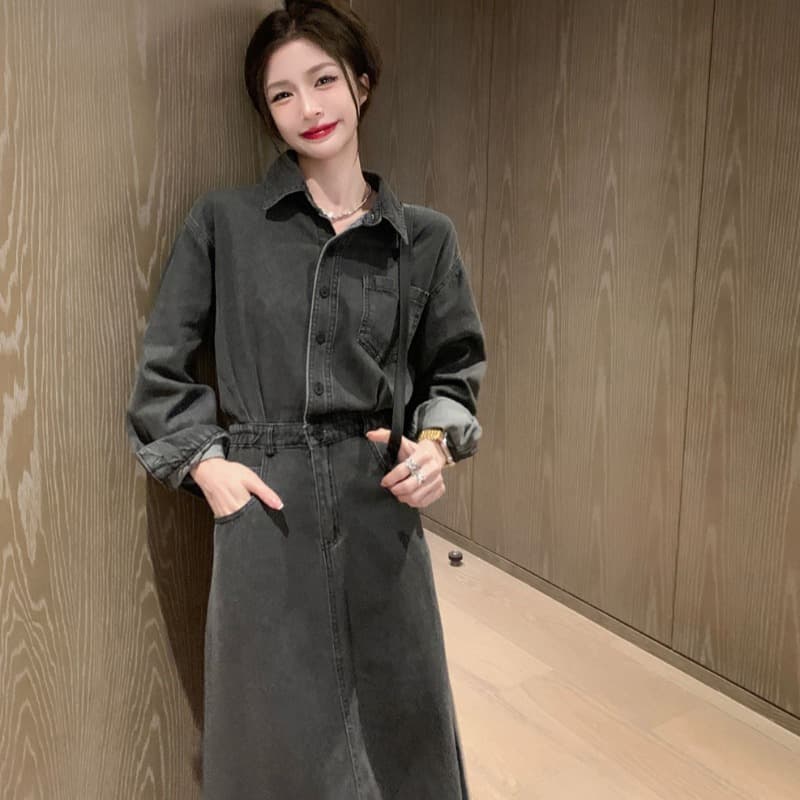 ロングワンピース ポロシャツ ウエストマーク付きデニム調シャツワンピース