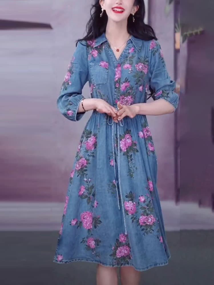ロングワンピース 花柄デニムギャザーワンピース