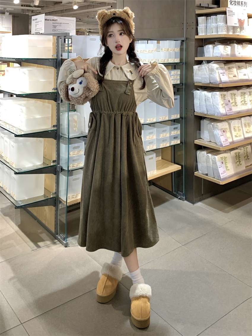 ロングワンピース ふんわり袖 コーデュロイジャンパースカート