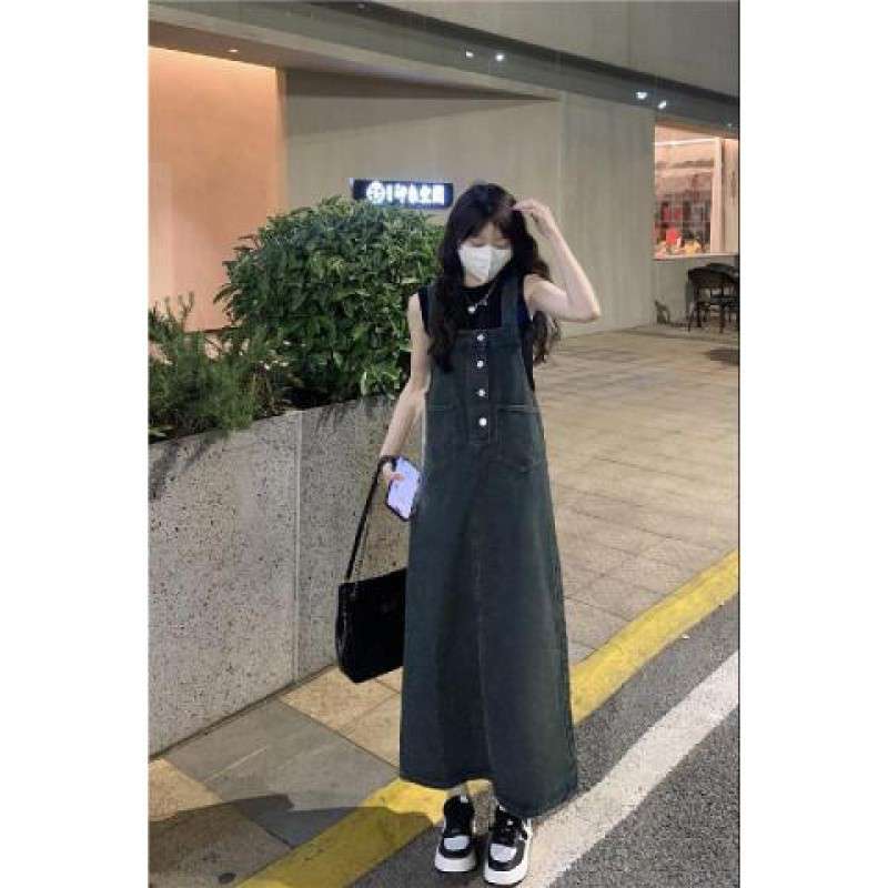 ロングワンピース ゆったりデニムサロペットワンピース