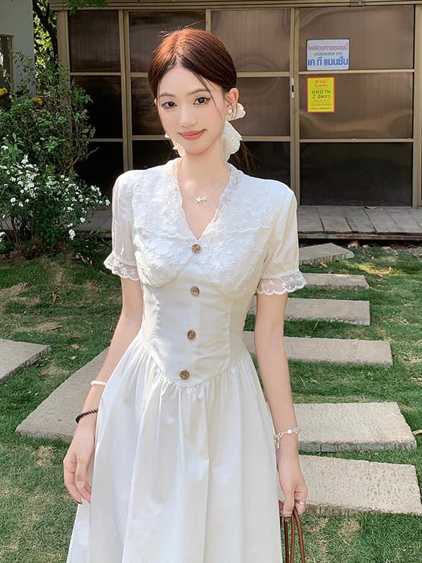 ロングワンピース レース 優美レース襟付きマキシワンピース