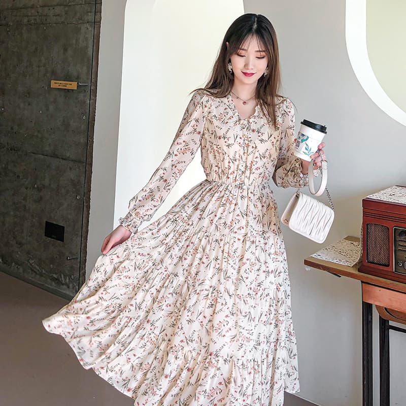 ロングワンピース レース 花柄レース入りフレアロングワンピース