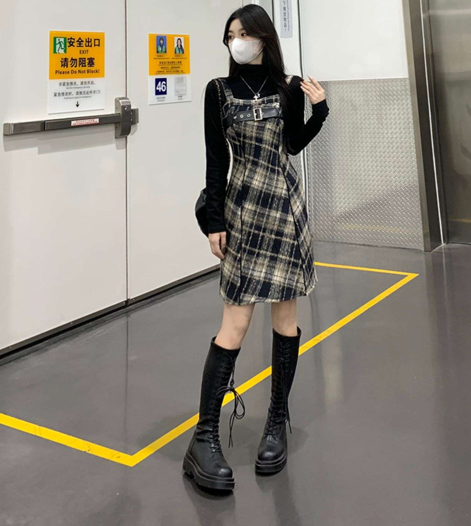 ロングワンピース レトロ調チェック柄ワンピース