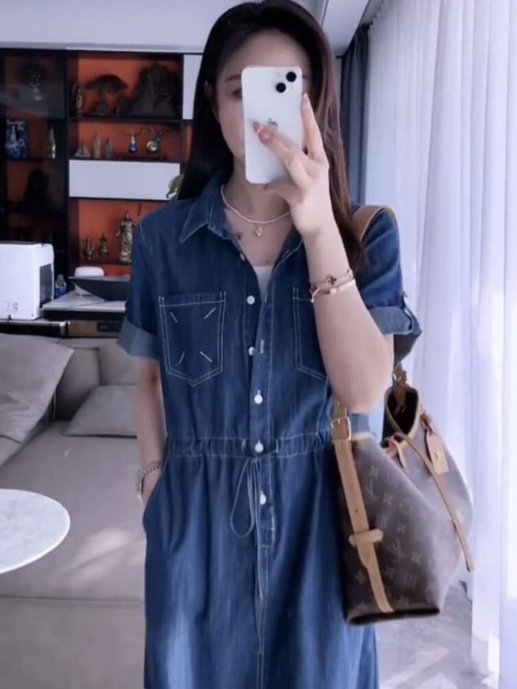 ロングワンピース デニム カジュアル前開きデニムワンピース