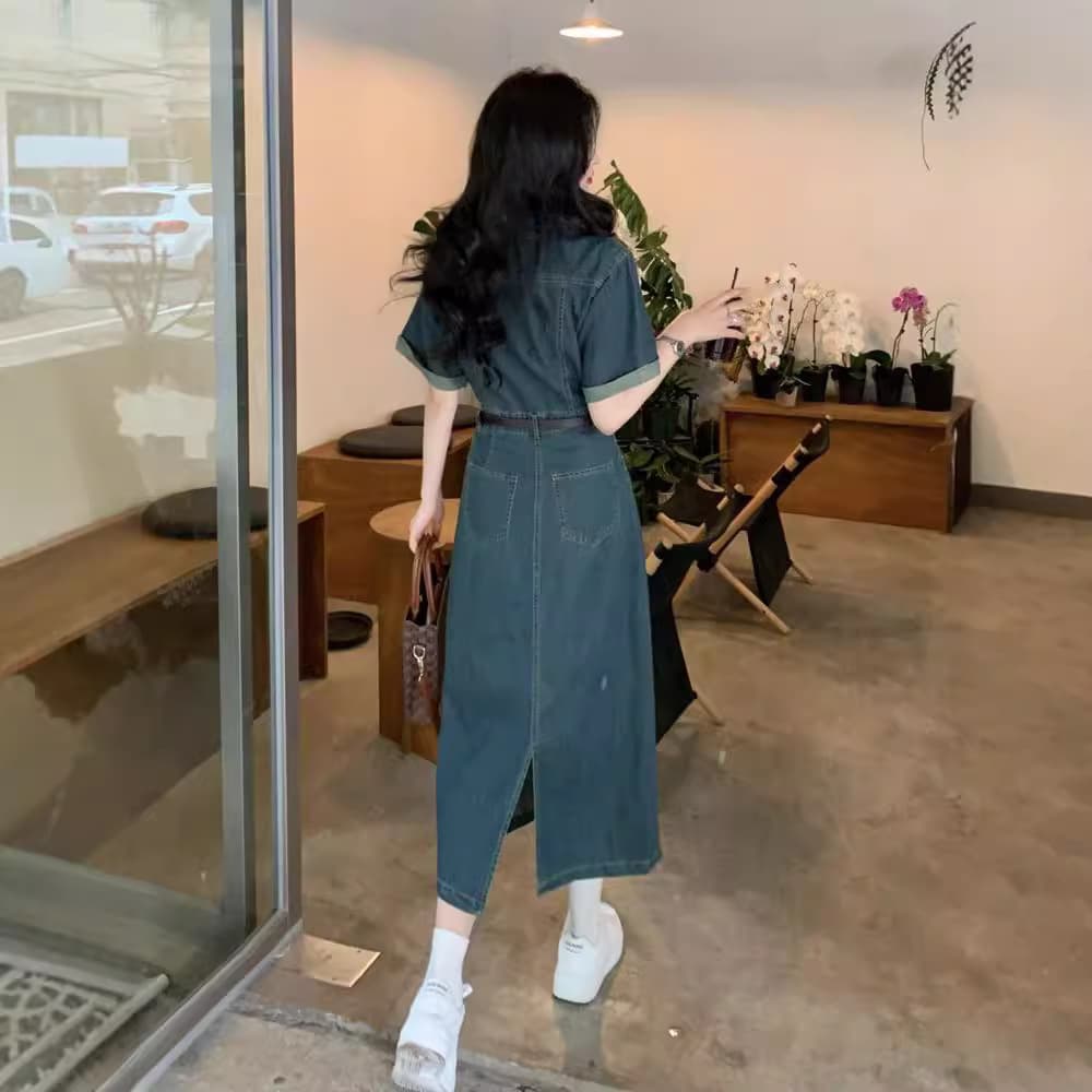 ロングワンピース 優美シルエット デニムワンピース