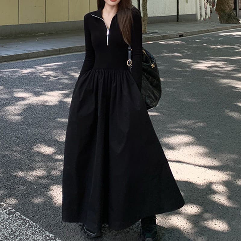 ロングワンピース 上品シンプル ハーフジップ ギャザーワンピース