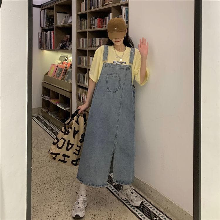 ロングワンピース オーバーオール風デニムマキシワンピース