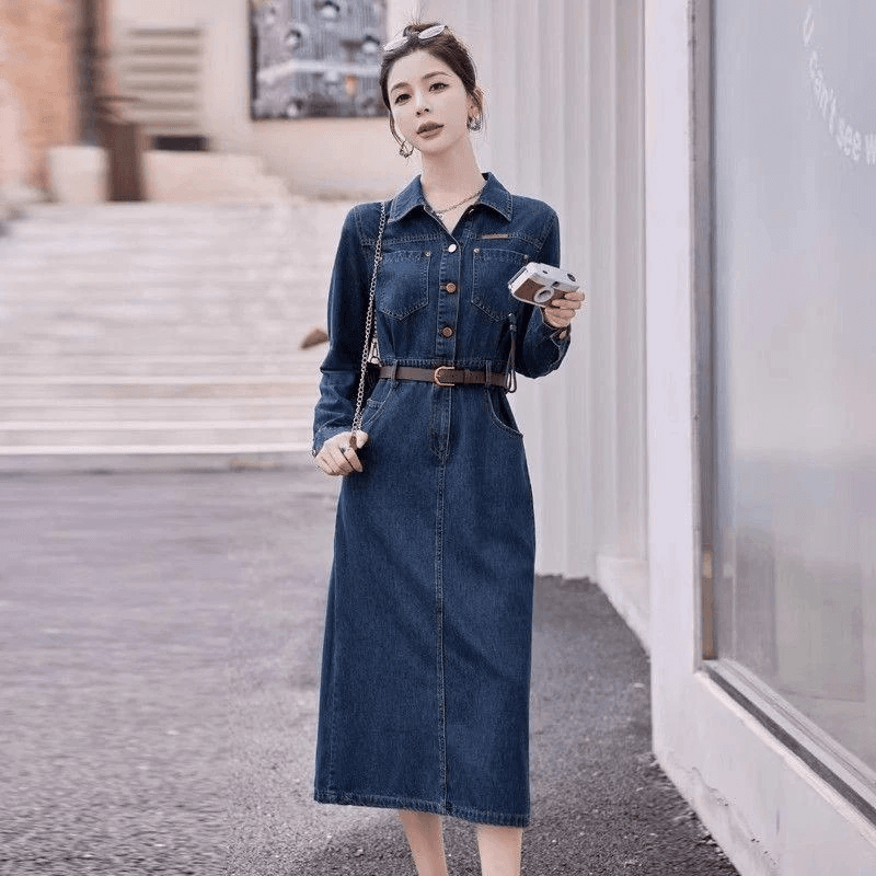 ロングワンピース デニム クラシカルレトロデニムワンピース