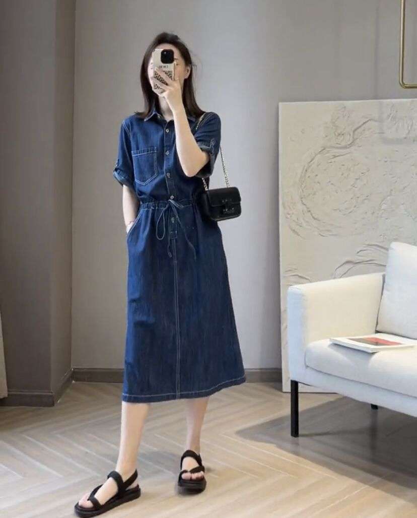 ロングワンピース ゆったりデニムシャツワンピース