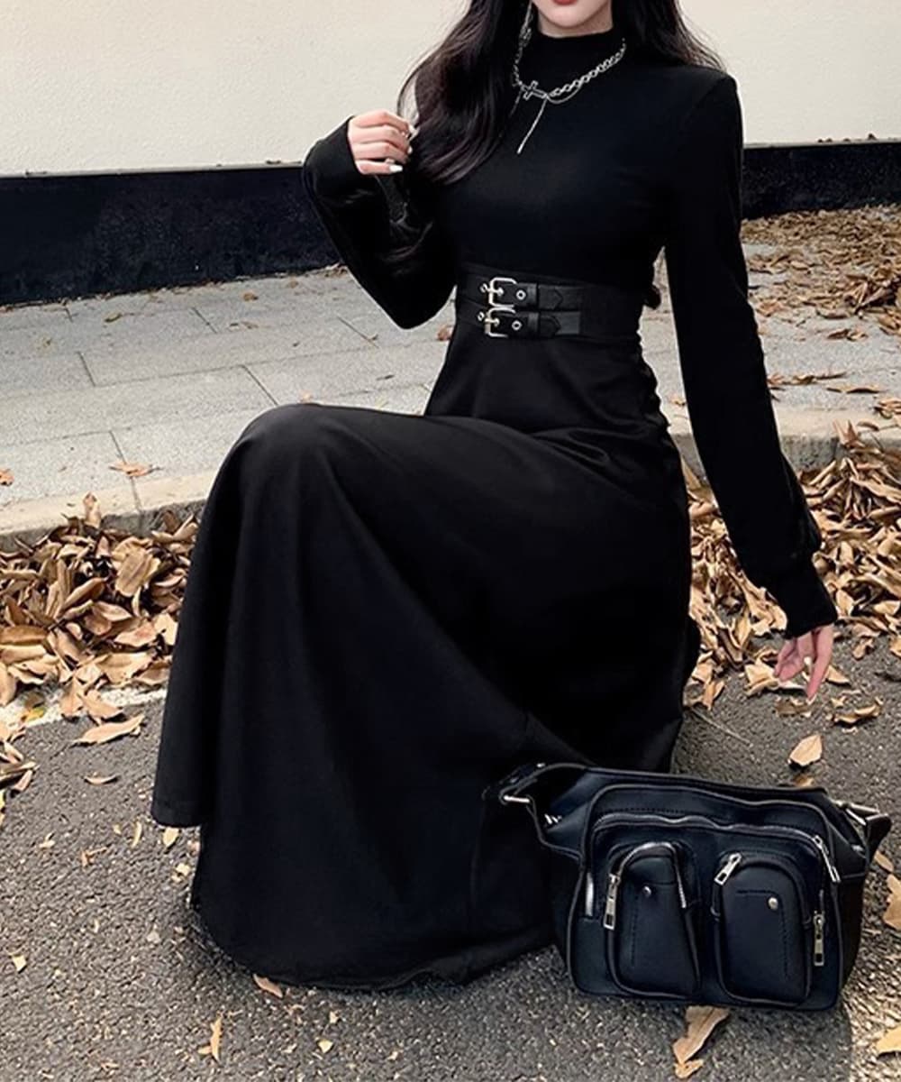 ニット切り替えベルト飾りロングワンピース