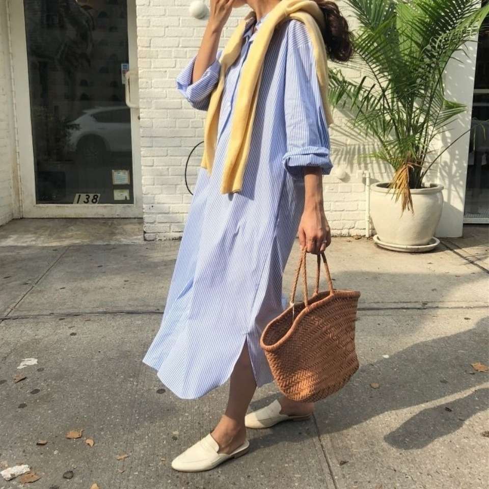 ロングワンピース ナチュラルストライプシャツワンピース