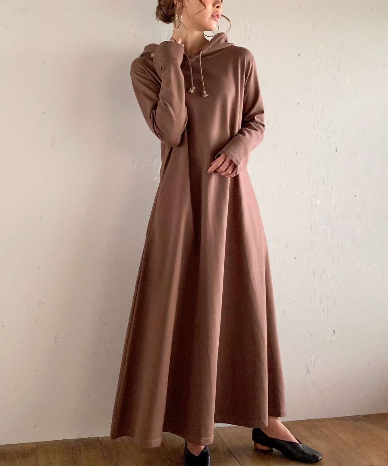 ロングワンピース ゆったりパーカーワンピース