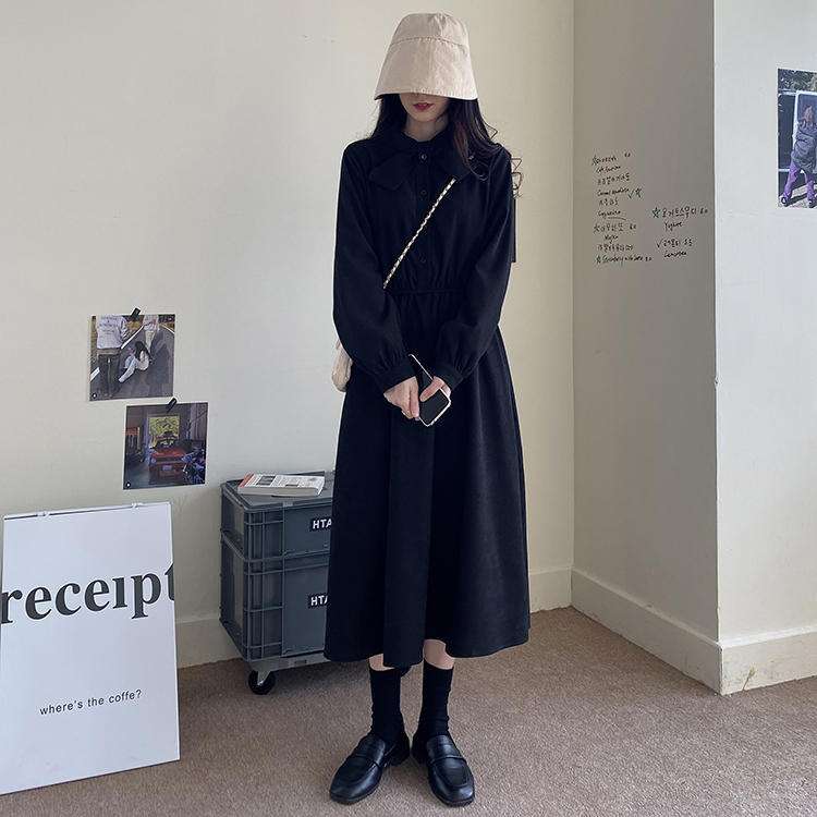 ロングワンピース シンプル襟付きギャザーワンピース