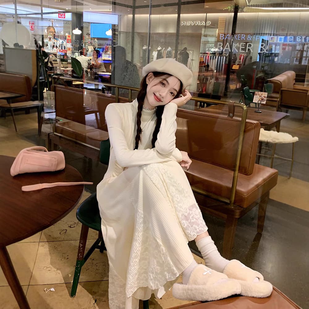 ロングワンピース 優美なフレア レースワンピース
