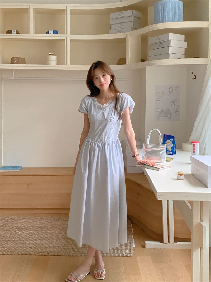 ロングワンピース 春夏新作レース襟シャツワンピース可愛いロング丈