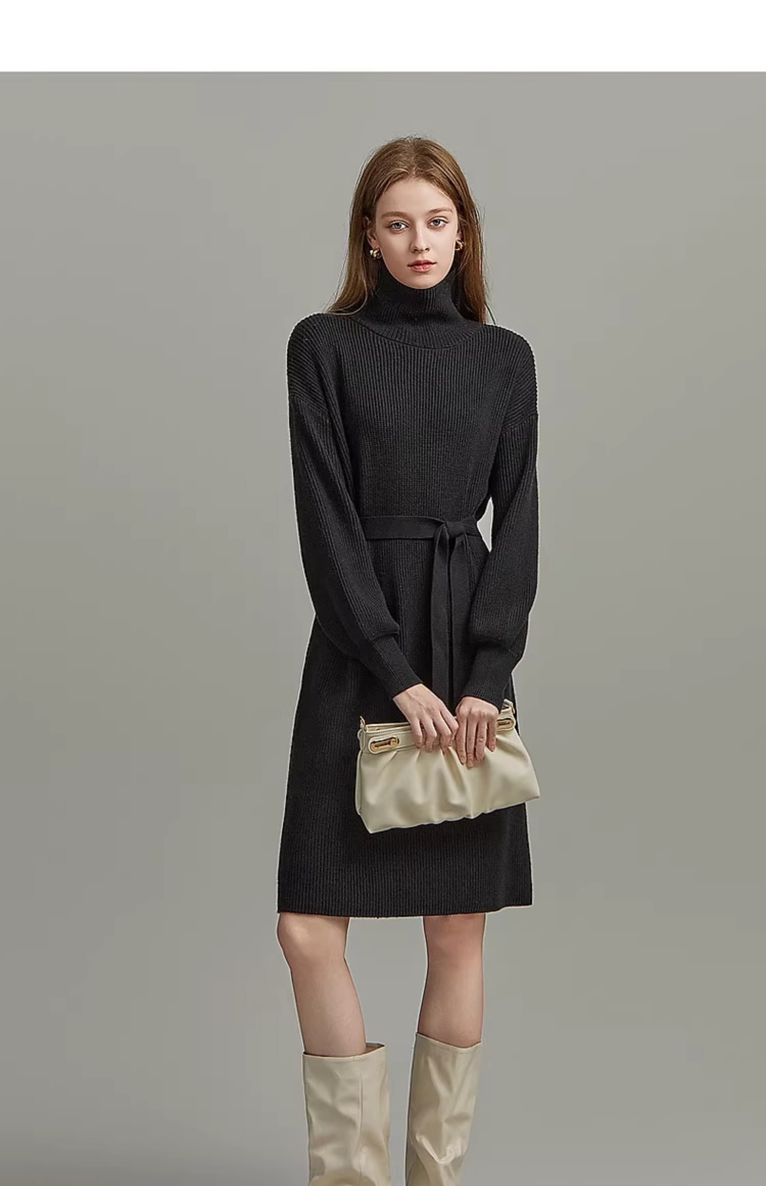 ワンピース タートルネック リブ編みベルト付きタートルネックワンピース