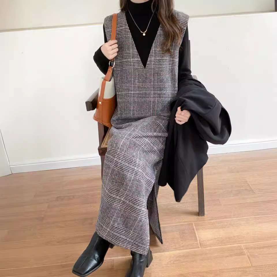 ロングワンピース シンプル格子柄ジャンパースカート