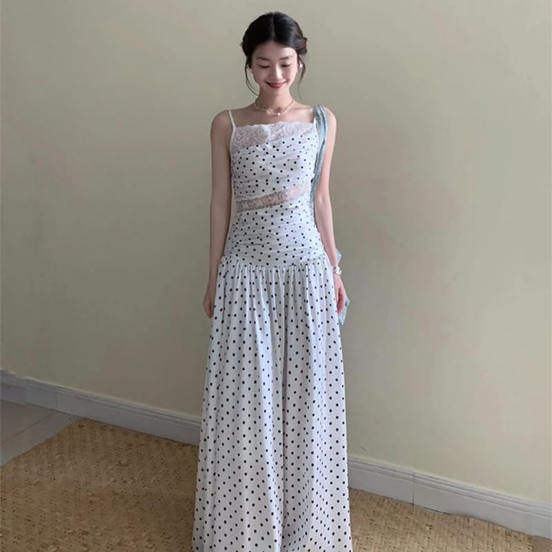 ロングワンピース レース 水玉レース切替優美ロングワンピース