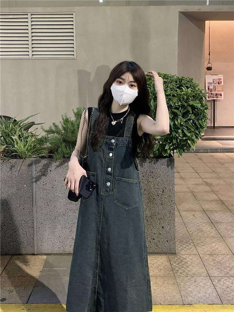 ロングワンピース ゆったりデニムサロペットワンピース