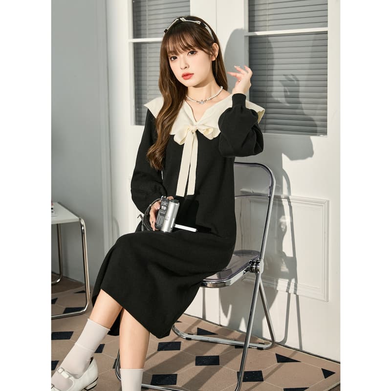 ロングワンピース ニット 襟リボン付き上品セーラー風ロングワンピース