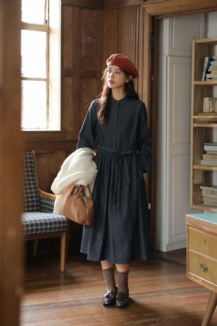 ロングワンピース ゆったりデニムギャザーワンピース