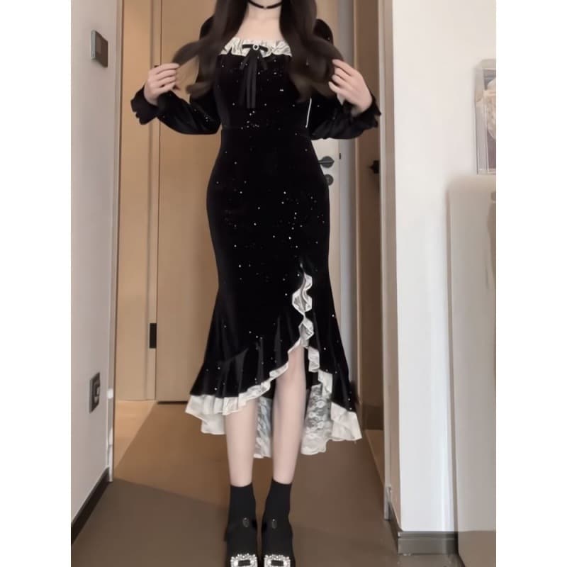 ロングワンピース ドレープフリル マーメイドドレス