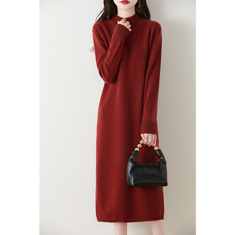 ロングワンピース 上質シンプル モックネックニットワンピース
