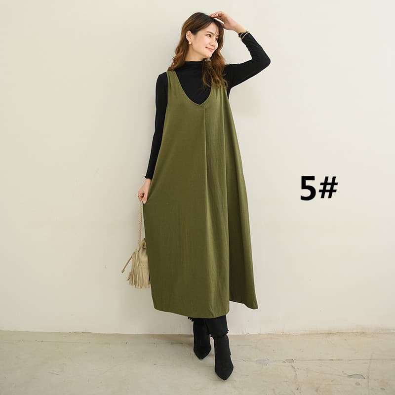 ロングワンピース レディース ロング丈ノースリーブワンピース ブイネック ジャンパースカート