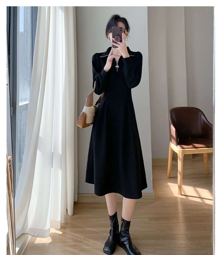 ロングワンピース ジップスタンドカラーニットワンピース