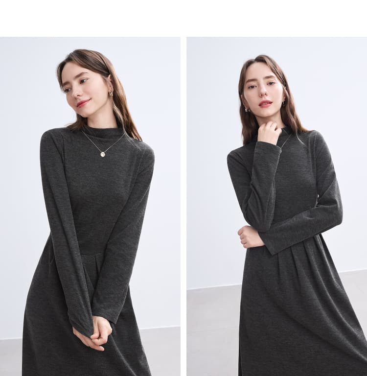 ロングワンピース タートルネック 上品プリーツ フレア タートルネック ワンピース