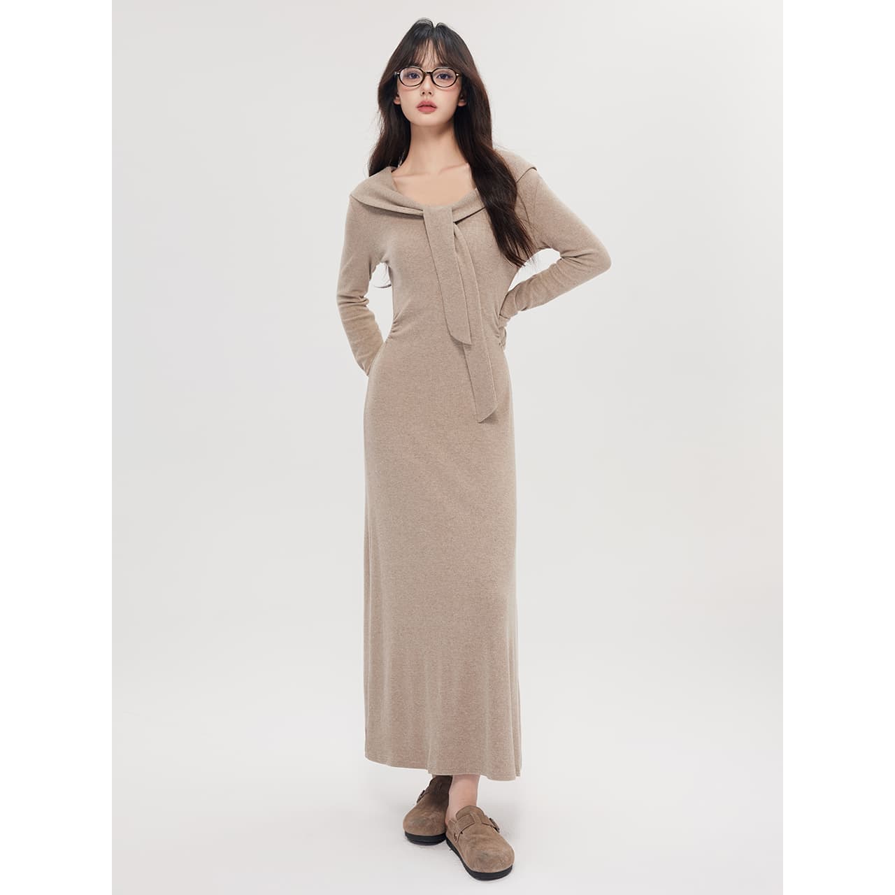 ロングワンピース シンプルドレープニットワンピース
