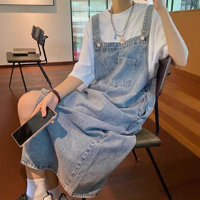 ロングワンピース ゆったりデニムサロペットワンピース