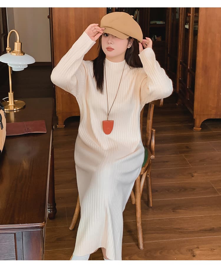 ロングワンピース ふんわり優美なリブ編みハイネックニットワンピース