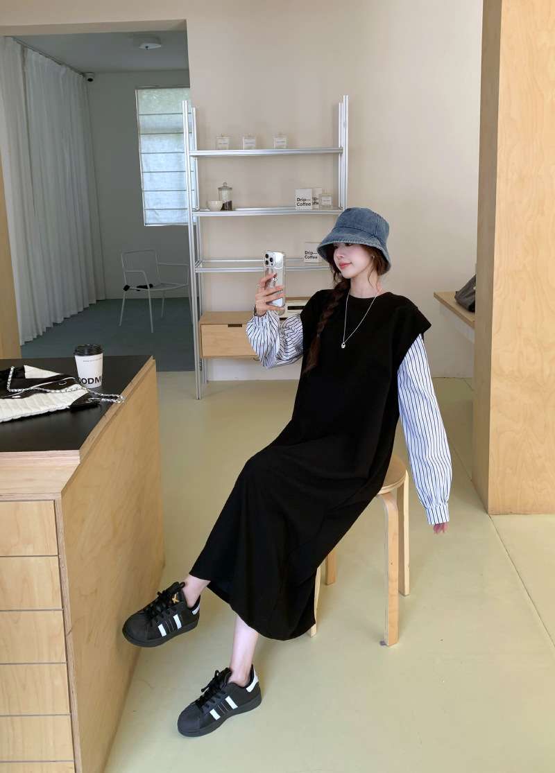 ロングワンピース ストライプ切替シームレスニットワンピース