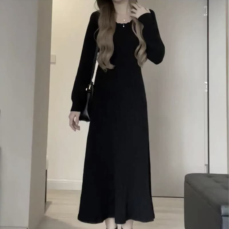 ロングワンピース シンプルプリーツニットワンピース