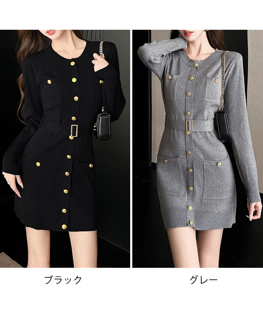 ロングワンピース 金ボタンニットワンピース上品長袖