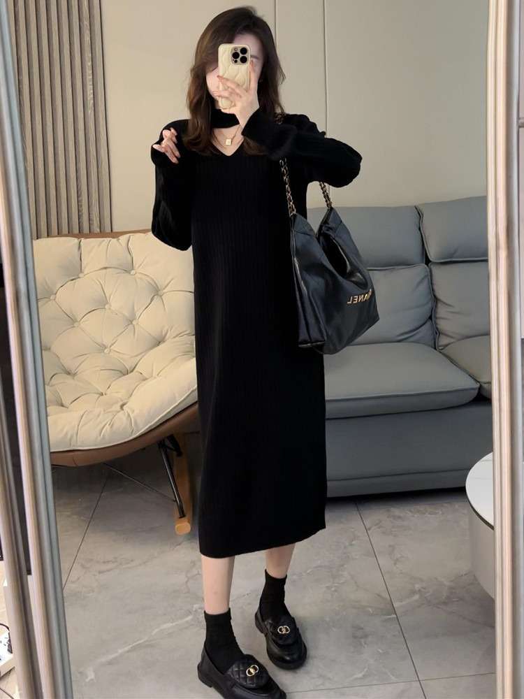 ロングワンピース シンプル美シルエットリブニットワンピース