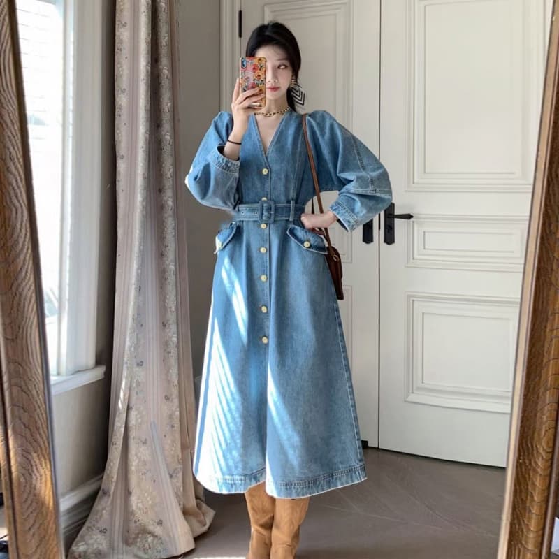 ロングワンピース フリル襟デニムロングワンピース