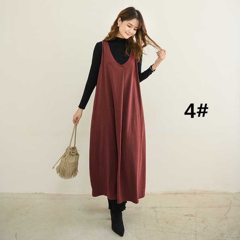 ロングワンピース レディース ロング丈ノースリーブワンピース ブイネック ジャンパースカート