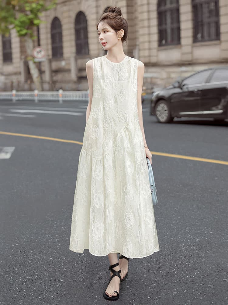 ロングワンピース レース 花柄レース ノースリーブマキシ丈ワンピース