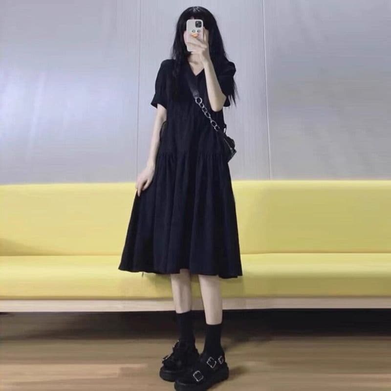ロングワンピース シャツ ティアード切替半袖シャツワンピース