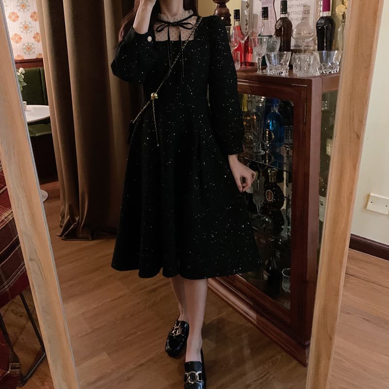 ロングワンピース レース ドットチュールレースリボン付きベロアロングワンピース