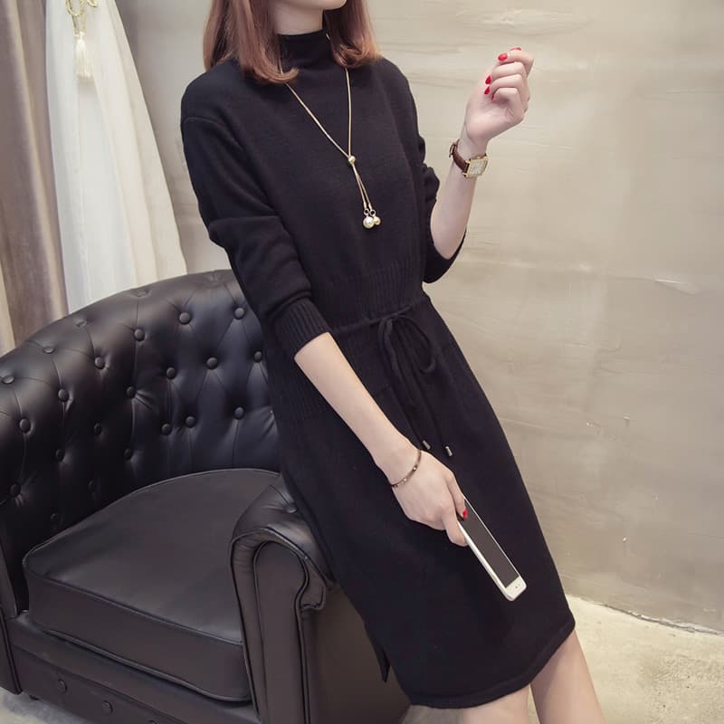 ワンピース タートルネック ウエストリボン タートルネック ニットワンピース