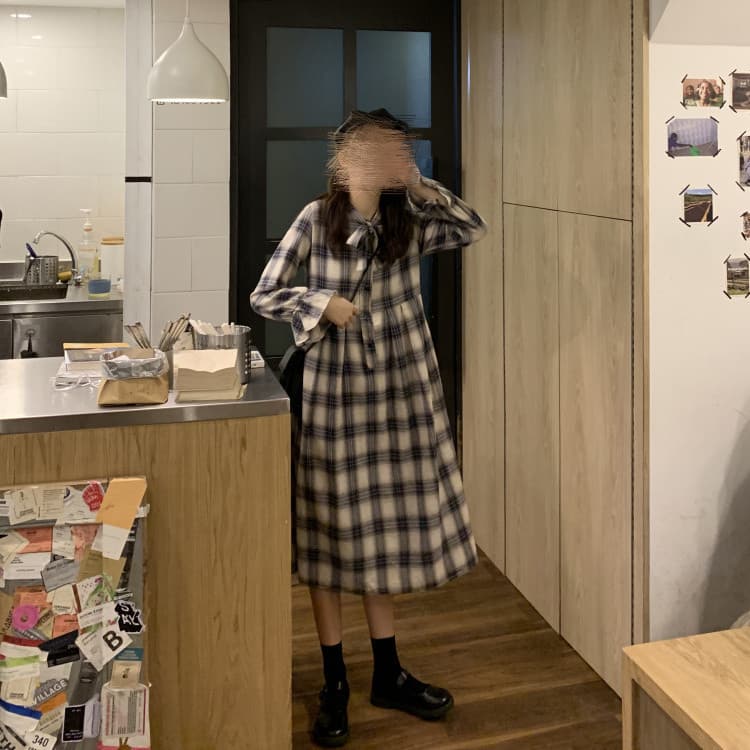 ロングワンピース 蝶結び付きチェック柄シャツワンピース レトロ風