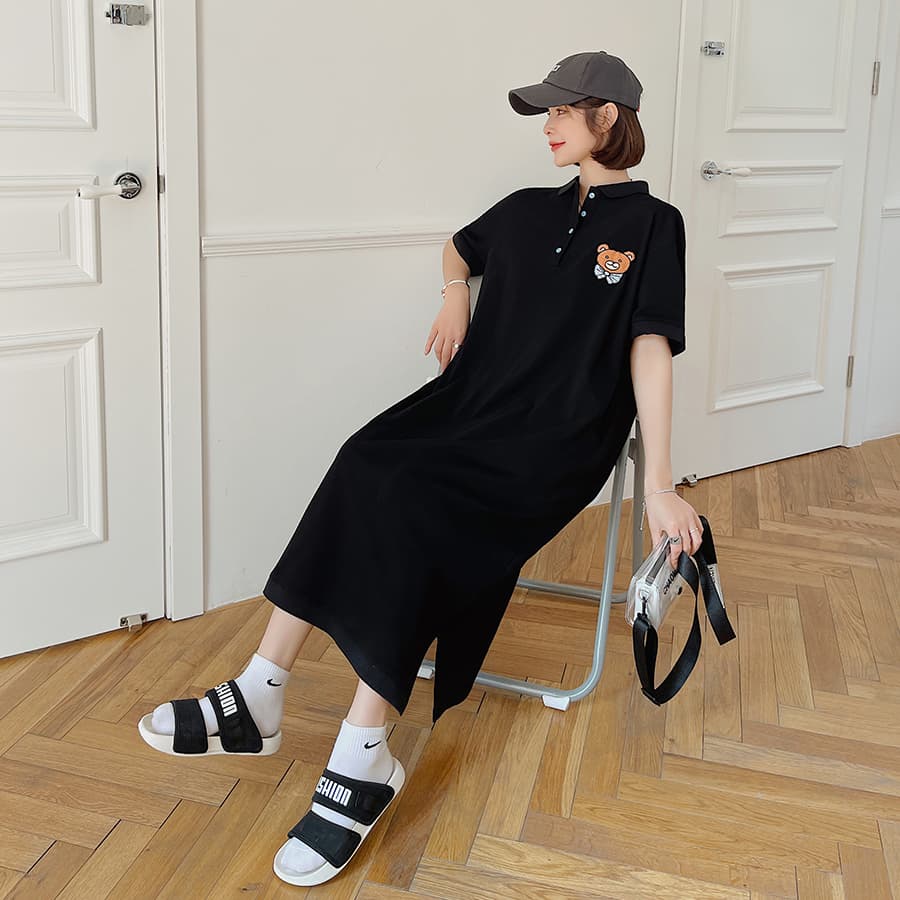 ロングワンピース ポロシャツ くま刺繍ワンポイント襟付き半袖ロングワンピース