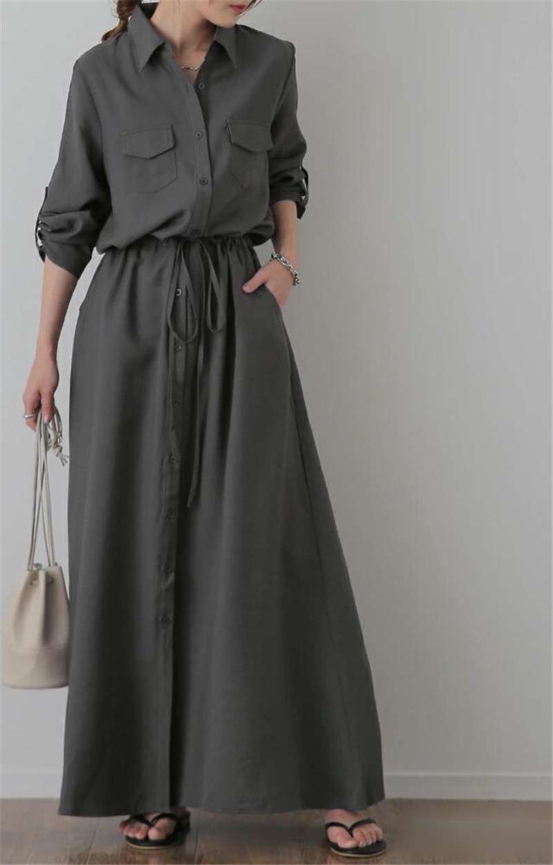 ロングワンピース カジュアル優美シャツワンピース