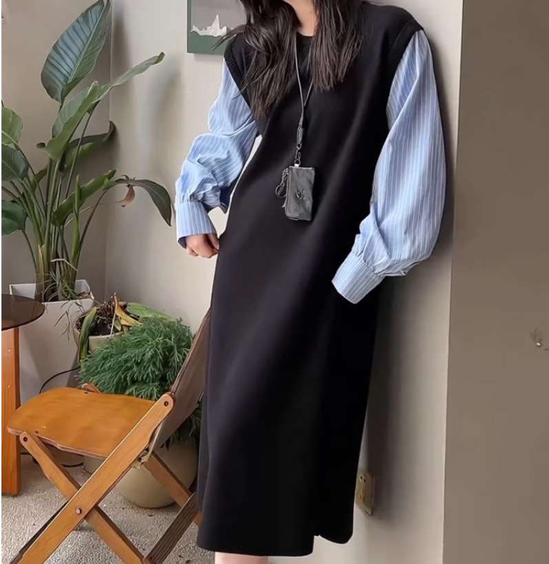 ロングワンピース コットン袖切替ロングワンピース