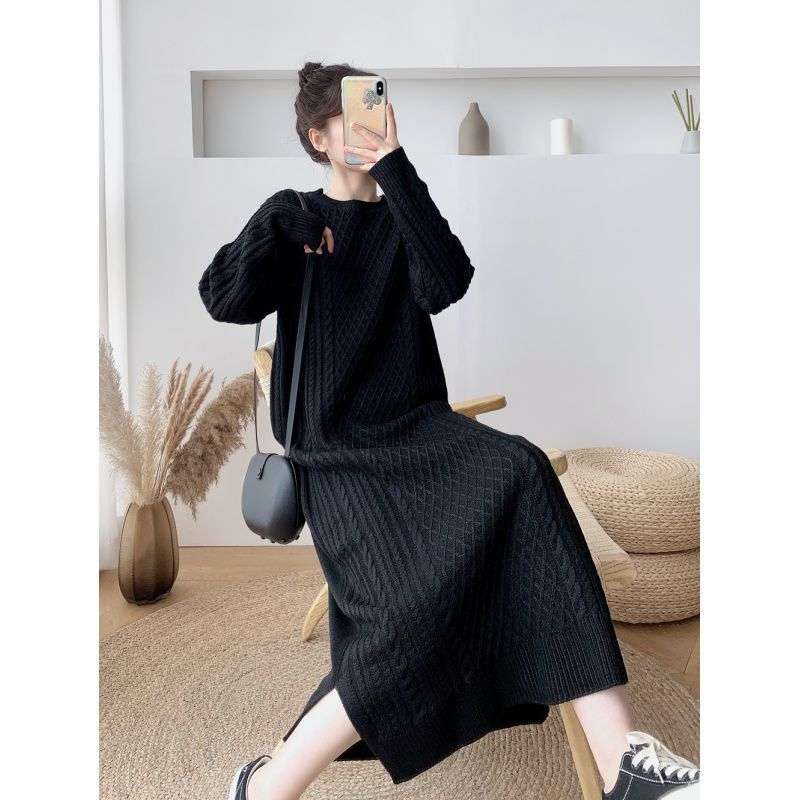 ロングワンピース もこもこ編み立体デザインマキシニットワンピース