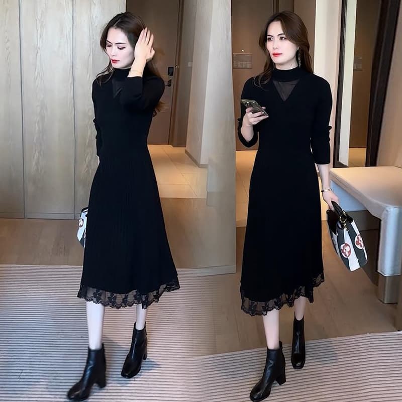 ロングワンピース レース 優美レース裾ミディ丈ワンピース