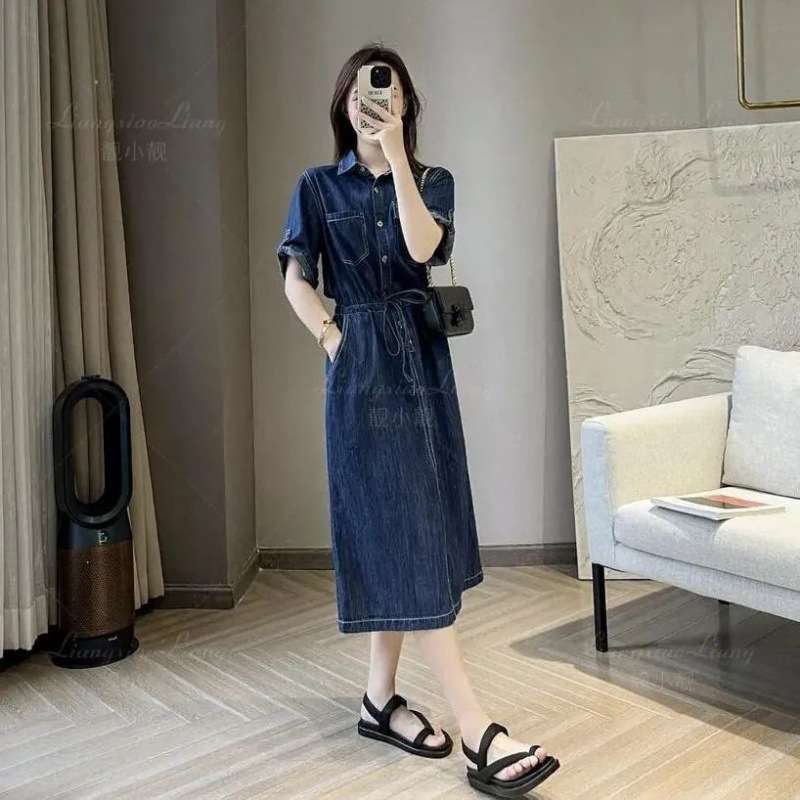 ロングワンピース ゆったりデニムシャツワンピース